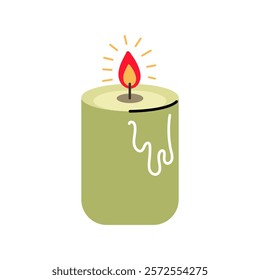 Simple green candle with flame and melting wax on a white background. cozy aromatic candle. Aromatherapy and relaxation. vector illustration 