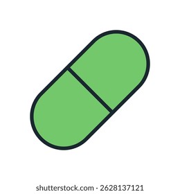 Simple green capsule pill icon in flat style with black outline on white background for medical content
