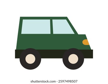 Simple green car with black wheels and light blue windows in a flat design style. The vehicle is shown in a side view on a white background. Vector illustration
