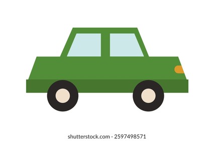 A simple green car illustration in a flat style, depicted from the side on a white background. The design is minimalistic, featuring basic geometric shapes. Vector illustration