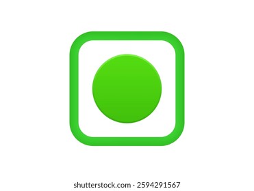A simple green checkbox icon featuring a circular shape inside a rounded square box.