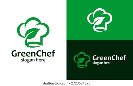 Simple green chef logo design template illustration. Abstract chef hat with nature leaf symbol design vector icon