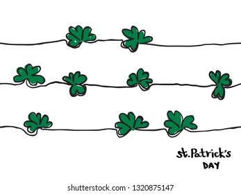 simple green childish hand drawn continuous lines shamrock for st. patrick's day seamless pattern, background, wallpaper, texture, cover, label, banner etc. vector design.