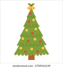 Simple green Christmas tree with a big yellow bells and decorative holly. Warm and festive design for card, banner, kids, holiday decor. Flat vector. Hand drawn. Isolated background.
