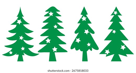 Ilustración verde simple del icono del árbol de Navidad. Conjunto de iconos de árbol de Navidad. Ilustración vectorial de silueta de pino. Abstractas árboles de Navidad con regalos y bolas de Vector conjunto.
