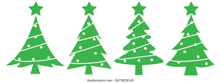 Ilustración verde simple del icono del árbol de Navidad. Conjunto de iconos de árbol de Navidad. Ilustración vectorial de silueta de pino. Abstractas árboles de Navidad con regalos y bolas de Vector conjunto.