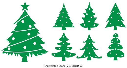 Ilustración verde simple del icono del árbol de Navidad. Conjunto de iconos de árbol de Navidad. Ilustración vectorial de silueta de pino. Abstractas árboles de Navidad con regalos y bolas de Vector conjunto.