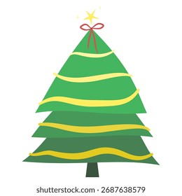 Simple green Christmas tree illustration with yellow garland and star on top, festive holiday symbol.