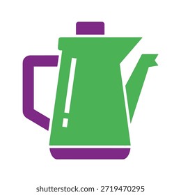 Icono verde simple de la cafetera en el fondo blanco con los acentos púrpuras