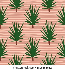 Simple green coniferous branches silhouettes seamless pattern. Pink striped background. Christmas foliage shapes. Designed for fabric design, textile print, wrapping, cover. Vector illustration.