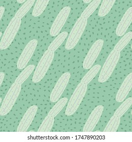 Simple green cucumber seamless pattern on dotted background. Cucumbers vegetable endless wallpaper. Design for fabric, textile print, wrapping paper, kitchen textiles. Vintage vector illustration