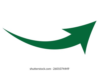 A simple, Green, curved arrow pointing to the right and down on a white background. Direction symbol. Arrow symbol for app, UI, web. Vector illustration