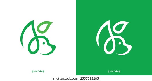 Simple Green Dog Logo Design. Dog and Green Leaf Icon Graphic. Pet Care Logo Design Template.