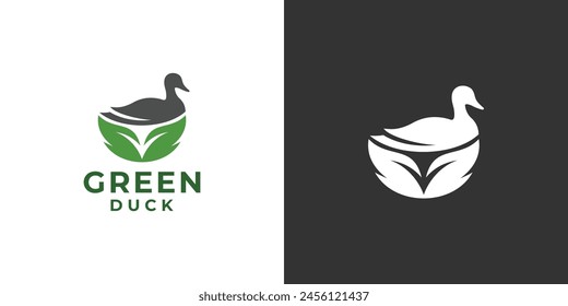 Simple Green Duck Logo. Duck and Leaf, Duck Farm Logo Icon Symbol Vector Design Inspiration.