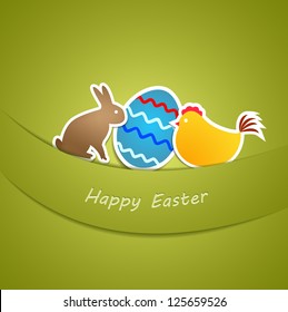 Simple green easter card with egg, chicken and rabbit made from paper stripe-vector