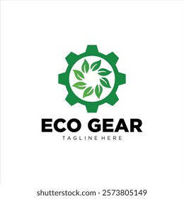 A simple green eco-friendly logo design featuring a gear symbol with nature-inspired elements such as leaves representing sustainability and environmental preservation.