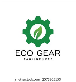 A simple green eco-friendly logo design featuring a gear symbol with nature-inspired elements such as leaves representing sustainability and environmental preservation.