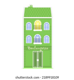 Simple green european or scandinavian colorful old house boulangerie - bakery isolated. Flat design vector illustration