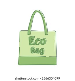 Simple green fabric bag or paper bag vector illustration. Bags with ECO symbols vector flat line art vector illustration isolated on white background