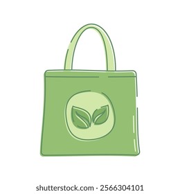 Simple green fabric bag or paper bag vector illustration. Bags with ECO symbols vector flat line art vector illustration isolated on white background