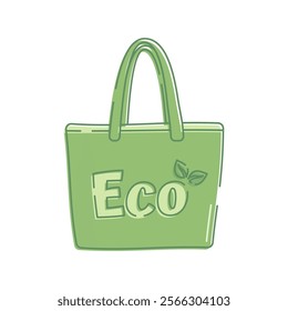 Simple green fabric bag or paper bag vector illustration. Bags with ECO symbols vector flat line art vector illustration isolated on white background