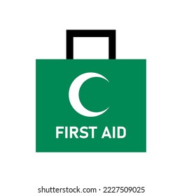 Simple Green First Aid Kit Icon with Crescent or Half Moon Sign Symbol. Vector Image.