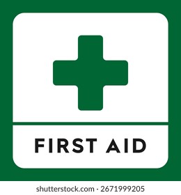 Simple green first aid sign with a white cross symbol, commonly used in hospitals, clinics, workplaces, and emergency areas to indicate medical help or safety equipment.