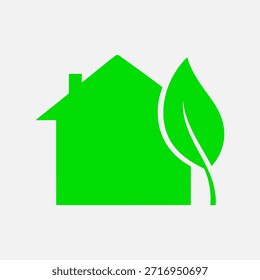 A simple green graphic featuring a house silhouette next to a large green leaf, symbolizing eco-friendly living and environmental sustainability.