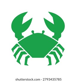 A simple green graphic illustration of a crab with its claws raised.