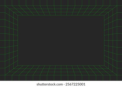 Simple green grid lines are isolated on a dark background. Abstract stage background with editable stroke. Futuristic or retro style concept for presentation, poster, or card. Vector illustration