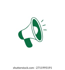 Um simples ícone de megafone verde desenhado à mão com ondas de som em um fundo branco, simbolizando anúncio ou comunicação.