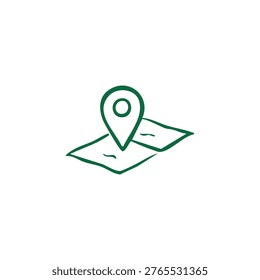 A simple green hand-drawn style icon featuring a map with a prominent location pin on a white background.