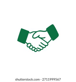 Ein einfaches grünes Handshake-Symbol auf weißem Hintergrund symbolisiert Vereinbarung, Partnerschaft oder Gruß.