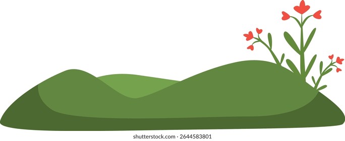 Simple green hill with small blooming flowers, perfect for spring nature backgrounds, garden scenery, eco-friendly landscape design elements, outdoor park decoration, and natural visuals.