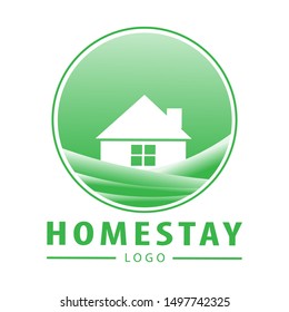 Simple green homestay logo featuring a white house silhouette on rolling hills within a circle. Ideal for vacation rentals, guesthouses, and hospitality branding.