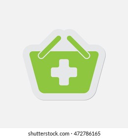 simple green icon with contour and shadow - shopping basket plus on a white background