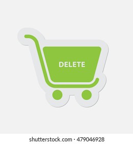 simple green icon with contour and shadow - shopping cart delete on a white background