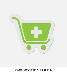 simple green icon with contour and shadow - shopping cart plus on a white background