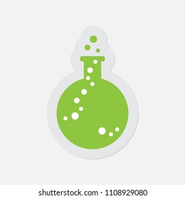 simple green icon with light gray contour and shadow - flask with a drop on a white background