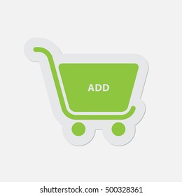 simple green icon with light gray contour and shadow - shopping cart add on a white background