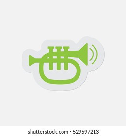 simple green icon with light gray contour and shadow - trumpet, sound and two vibration waves on a white background