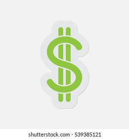 simple green icon with light gray contour and shadow - dollar currency symbol on a white background