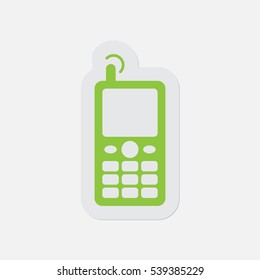 simple green icon with light gray contour and shadow - old mobile phone with antenna and signal on a white background