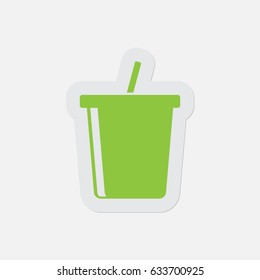 simple green icon with light gray contour and shadow - cold drink with straw on a white background