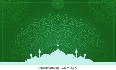 Simple green Islamic background design with mosque silhouette and mandala ornaments vector