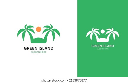 Simple green island logo design. Tropical beach vector with sun and palm tree icon. Summer holiday illustration