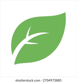 Icono de hoja verde simple con venas blancas. Representa la naturaleza, la ecología, la sostenibilidad y los productos orgánicos. Aislado sobre fondo blanco.
