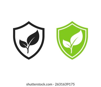 Simple green leaf shield logo design. Plant nature icon. Protect the eco black and white silhouette. Vector illustration