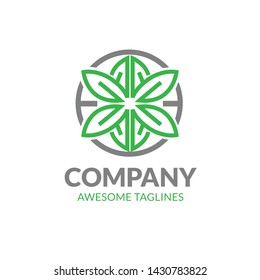 simple Green leafs and globe in lines logo vector template
