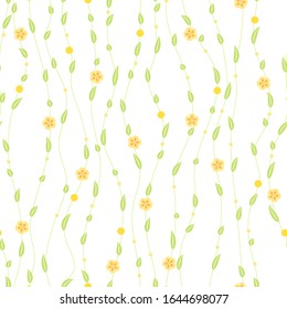 simple green leaves and branches with yellow flowers. floral seamless pattern. light repetitive background. textile design element. fabric swatch. wrapping paper. continuous print. vector illustration